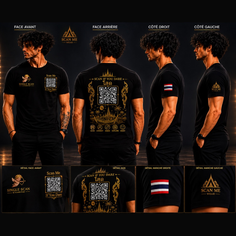 Single Scan T-Shirt noir avec QR code - vues face dos et manches
